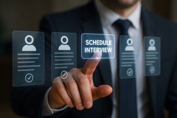 Businessperson scheduling an interview with futuristic interface, career and employment