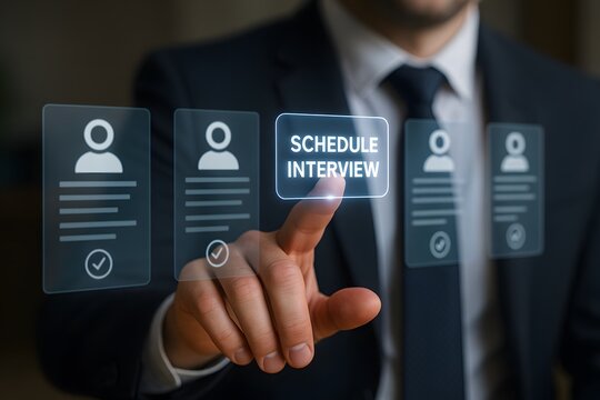 Businessperson scheduling an interview with futuristic interface, career and employment