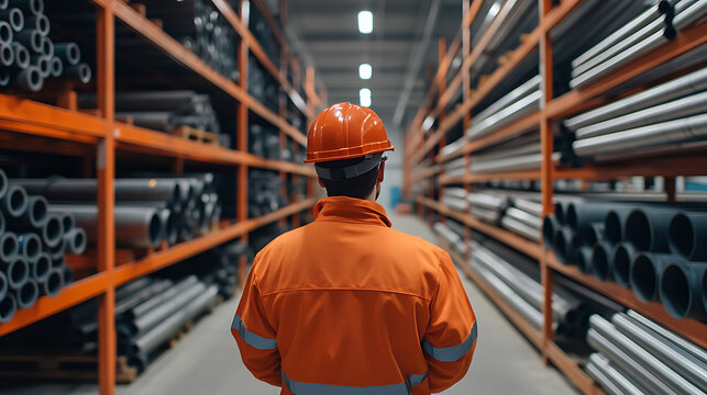 Warehouse worker in protective gear inspecting organized shelving. Man in hardhat in an industrial setting.