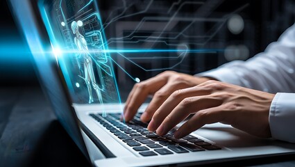 Close up of hands typing on a laptop with futuristic digital data overlay