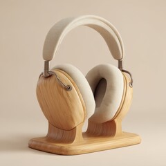 Beige Knitted Fabric Headphones with Wooden Earcups and Stand