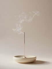 Ethereal Incense Smoke Rising from Beige Ceramic Holder