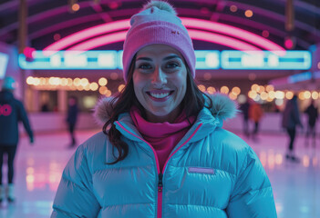 Fototapeta premium Ice skating instructor smiling at the rink, showcasing a vibrant atmosphere