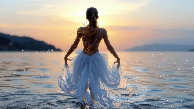 Ballerina water elegance: ocean dress, graceful motion, coastal rhythm, flowing silhouette, serene beauty, poised expression, delicate shape, liquid movement, tranquil backdrop, artistic harmony