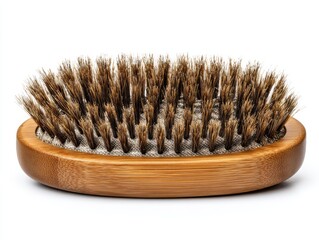 Oval Wooden Hairbrush with Dark Brown Boar Bristles on White Background