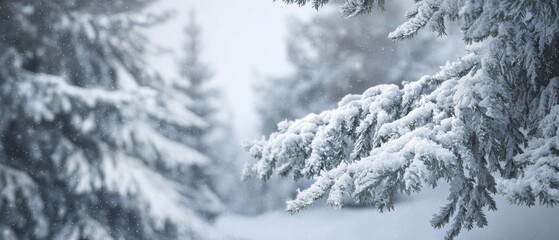 The snow-covered branches of pine trees in a tranquil winter landscape.