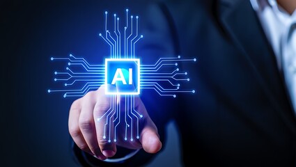 Businessman touching a glowing ai chip with digital circuits representing artificial intelligence