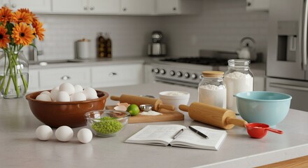 Baking Prep Eggs with Flour, and and Recipe on Clean Kitchen Counter.