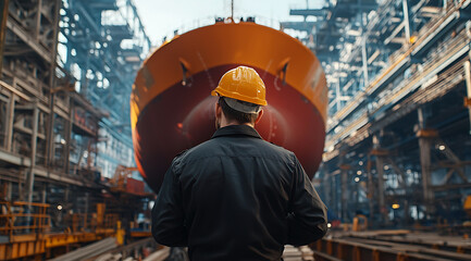 Shipyard worker overseeing vessel construction. A focused view on safety and industrial progress.