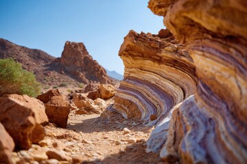 Colorful Striped Rock Formations in Desert Landscape Under Clear Blue Sky With Scenic Mountain Background and Warm Sunlight Creating Stunning Natural Patterns