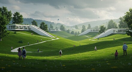 Futuristic Green Community with Modern Eco-Houses Integrated into Natural Landscape