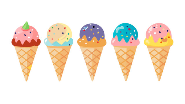 Colorful ice cream cones vector illustration for summer treats and dessert designs and sweet food graphics