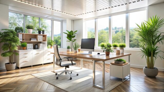 Modern minimalist office space with abundant natural light and lush greenery, creating a serene and productive workspace.