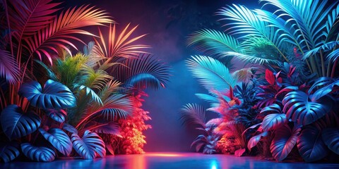 Vibrant Tropical Foliage Illuminated by Neon Lights Creating a Surreal and Evocative Atmosphere