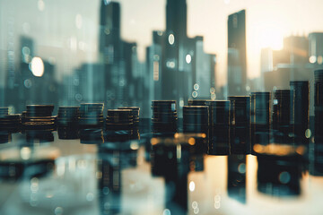 Generative AI Image of Digital Coins Representing Economy, Funds, and Investments with a Cityscape Background