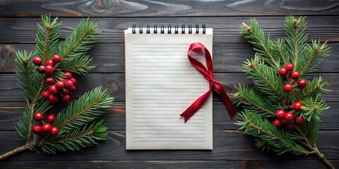 A Festive Blank Notepad with Evergreen Branches and Red Berries on a Dark Wooden Surface, Perfect for Holiday Wishes and Festive Greetings