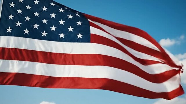 The American flag flutters against a clear blue sky with scattered clouds