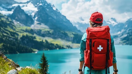 A hiker with a red backpack standing in front of a stunning mountain lake with turquoise water and snow-capped peaks in the background.