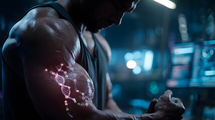 Muscular man's bicep highlighted by a glowing DNA strand, symbolizing the scientific basis of human strength, genetic potential, and advanced fitness development