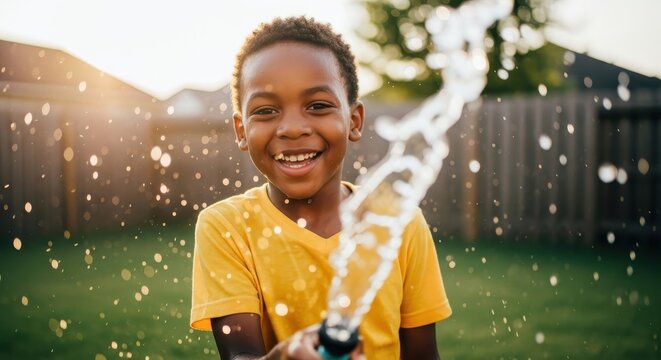 smiling african american boy in yellow shirt playing with water hose in backyard. joyful summer activity under warm sunlight. childhood fun, outdoor play. greeting card