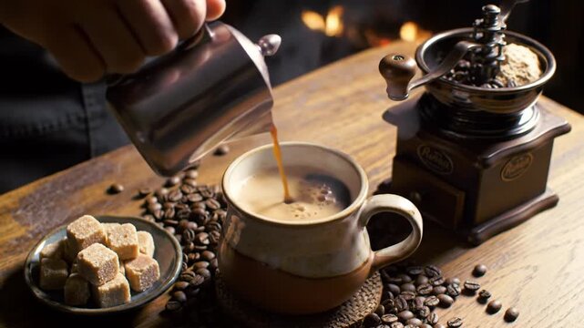 Pouring Cream into Hot Coffee Beverage