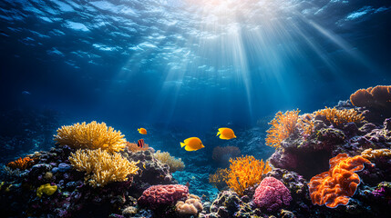 Underwater scene of a coral reef with colorful fish and sunlight.
