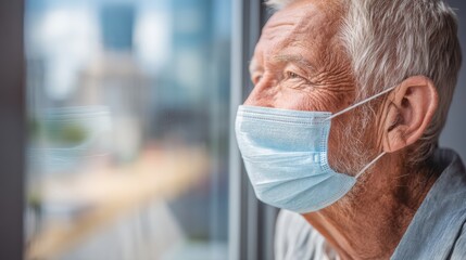 Elderly man wearing a face mask looks thoughtfully out the window, reflecting a sense of isolation and hope during the pandemic