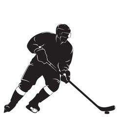 Hockey Player Silhouette with Stick and Puck on White Background