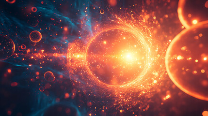 Glowing orbs and particles swirl in vibrant orange and blue cosmic space, creating dynamic and energetic abstract scene