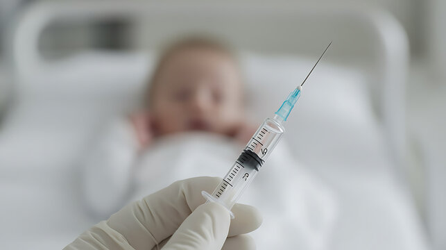 Vaccination of a baby: A medical professional prepares to administer an injection to a young child in a clinical setting, highlighting healthcare and protection.
