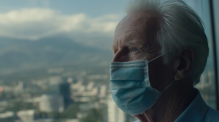 Elderly man wearing a face mask looks thoughtfully out a window, with a cityscape and mountains blurred in the background