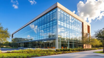 Glass-walled office building under a blue sky with fluffy white clouds and green lawn
