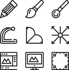 Fototapeta premium Creative Tools Line Icon Pack Pencil, Paintbrush, Eyedropper, Vector Curve, Crop Tool, Alignment, and Interface Elements Creative Tools Line Icon Pack Pencil, Paintbrush, Eyedropper, Vector Curve, 