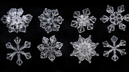 A collection of eight snowflakes against a black background.