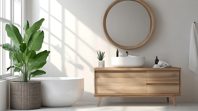 A serene space featuring a natural wood vanity and circular mirror, emphasizing simplicity and calm design.
- Powered by Adobe