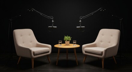 Podcast Power Cozy Studio Setup with Mic and Relaxing Vibe.