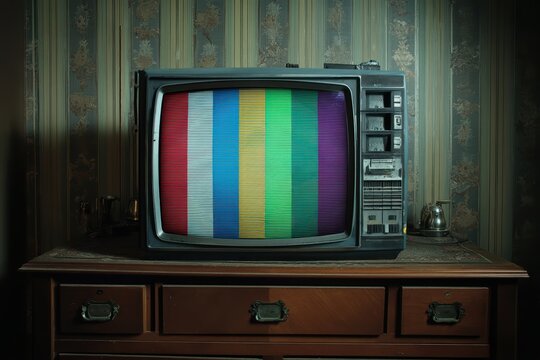 An old television with a colorful test pattern screen sits on a wooden dresser in a vintage-style room with patterned wallpaper - Powered by Adobe