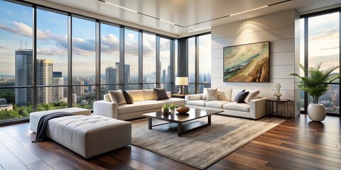 Modern apartment living room design with panoramic city views and stylish furniture