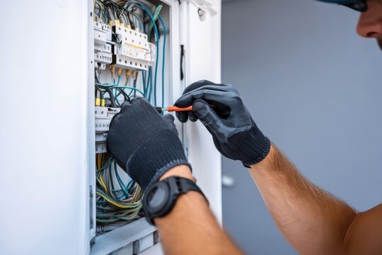 An electrician wearing gloves works on wiring inside an electrical panel using a screwdriver