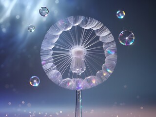Glowing Dandelion with iridescent bubbles.