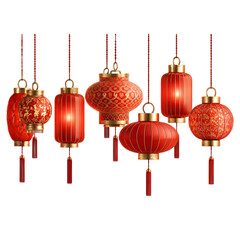 Collection of vibrant red and gold Chinese lanterns hanging from strings with intricate patterns and a celebratory glow.