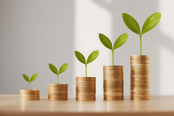 Money growth concept with plants growing from stacks of coins