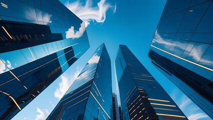 Modern skyscrapers reaching towards a bright blue sky with clouds