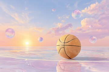 Fototapeta premium A vibrant and whimsical scene featuring a basketball on a reflective court with floating bubbles in a colorful sunset sky, evoking joy and imagination