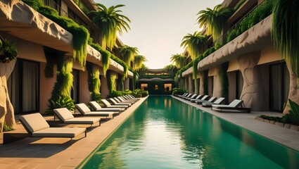 Luxurious resort swimming pool with lounge chairs and tropical plants