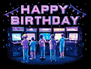 Retro pixel art arcade scene with neon Happy Birthday sign and kids playing