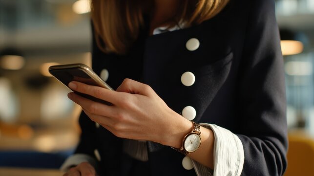 The elegant woman checking her smartphone while wearing a stylish watch.
