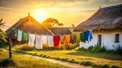 Golden hour laundry drying on a clothesline in a rural village setting