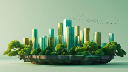 Futuristic green cityscape with lush vegetation and modern architecture