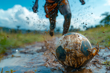 Generative AI image of street football player kicking a muddy ball during an intense soccer game outdoors